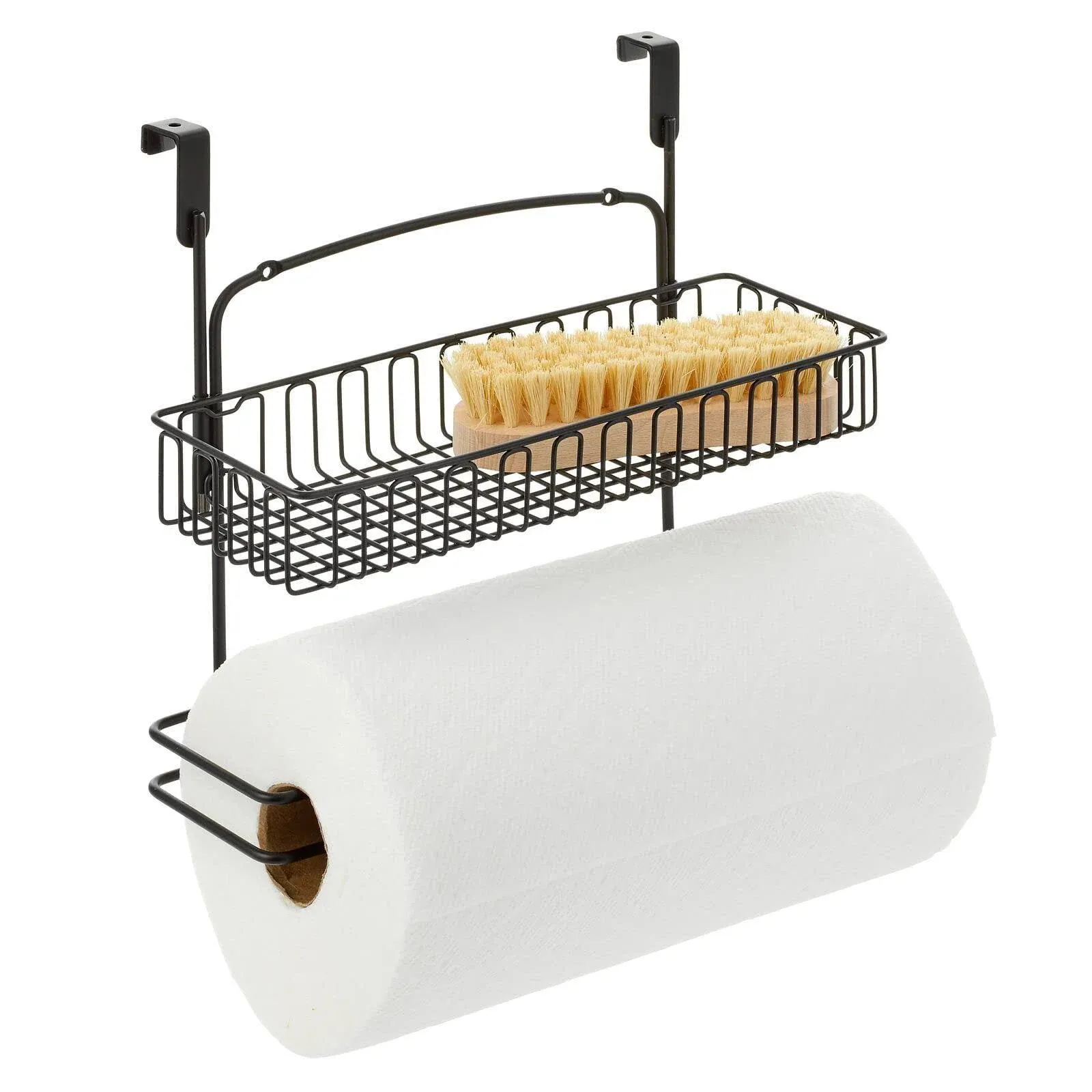 mDesign Over Cabinet Paper Towel Holder with Multi-Purpose Basket Shelf - Hanging Storage Organizer for Kitchen, Pantry, Laundry, Garage - Holds Dish Soap, Cleaners, Sponges - Metal Wire - Black