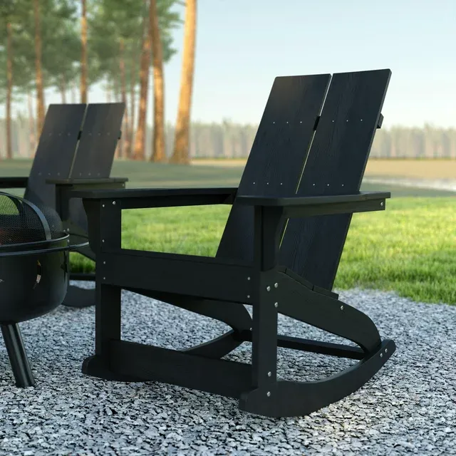 Flash Furniture Finn Poly Resin Rocking Adirondack Chair - Black