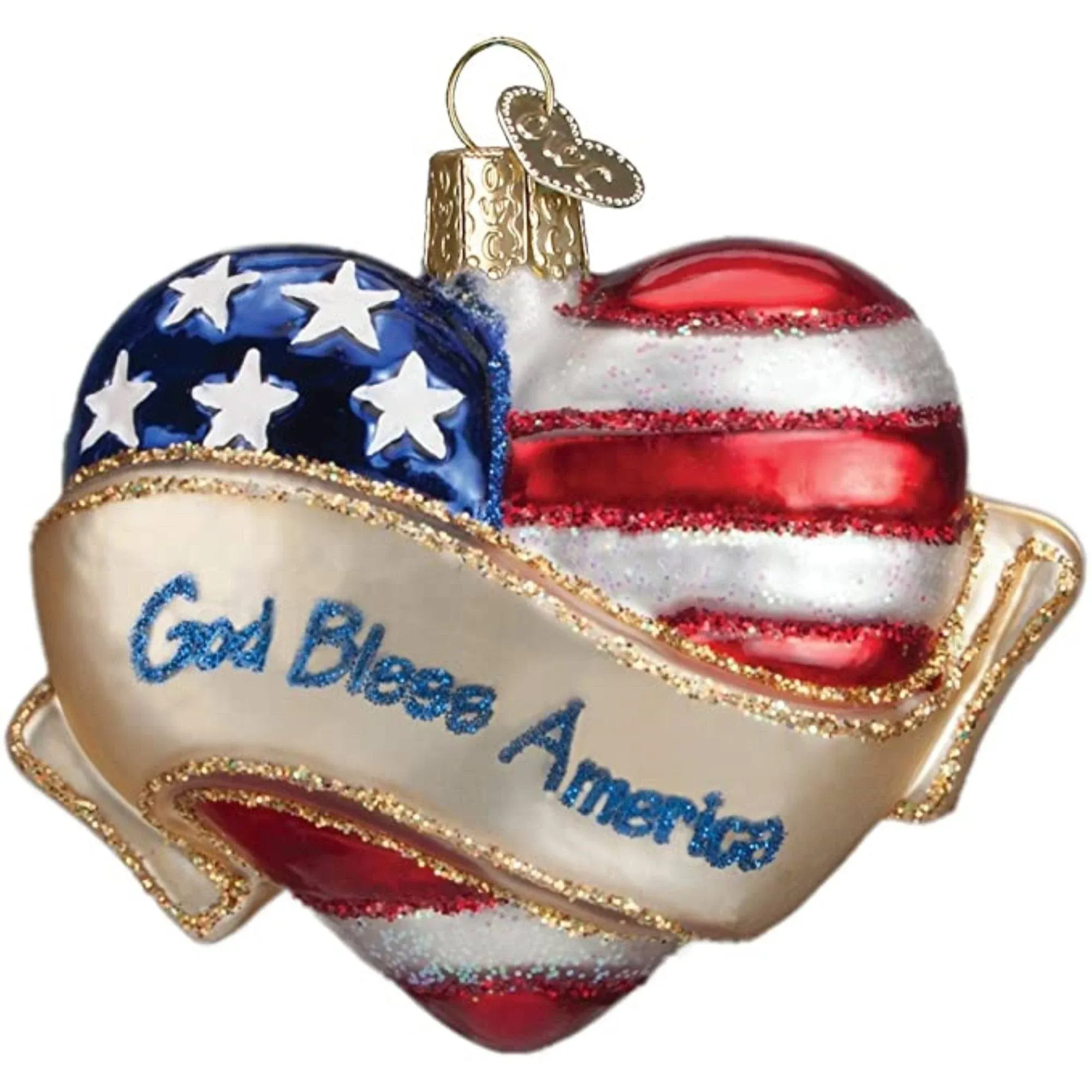 Old World Christmas God Bless America Heart Glass Blown Ornament