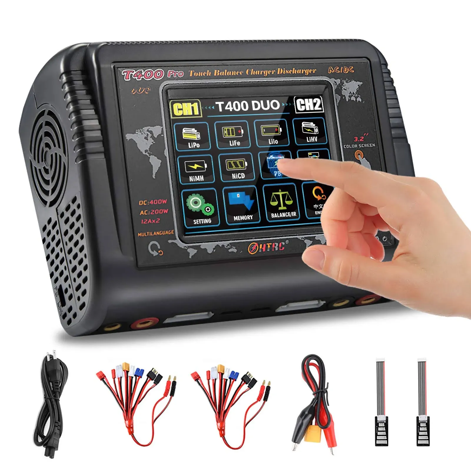 Lipo Charger DUL RC Car Battery Charger Touch Screen AC 200W DC 400W 12A Balance