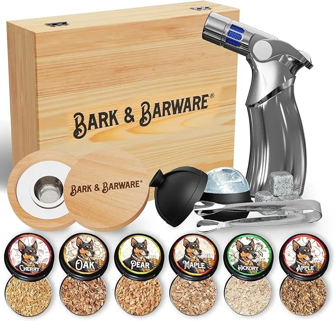 Bark &amp; Barware Premium Cocktail Smoker Kit with Torch - Brown Wood Box, Silve...