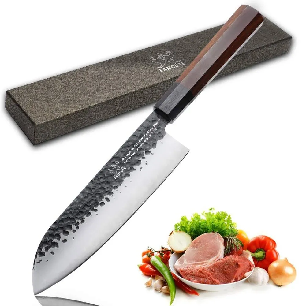 FAMCÜTE Santoku Knife 7 inch, Hand Forged 3 Layers 9CR18MOV High Carbon Steel Professional Kitchen Knife -Ultra Sharp Wood Handle Japanese Sushi Knife