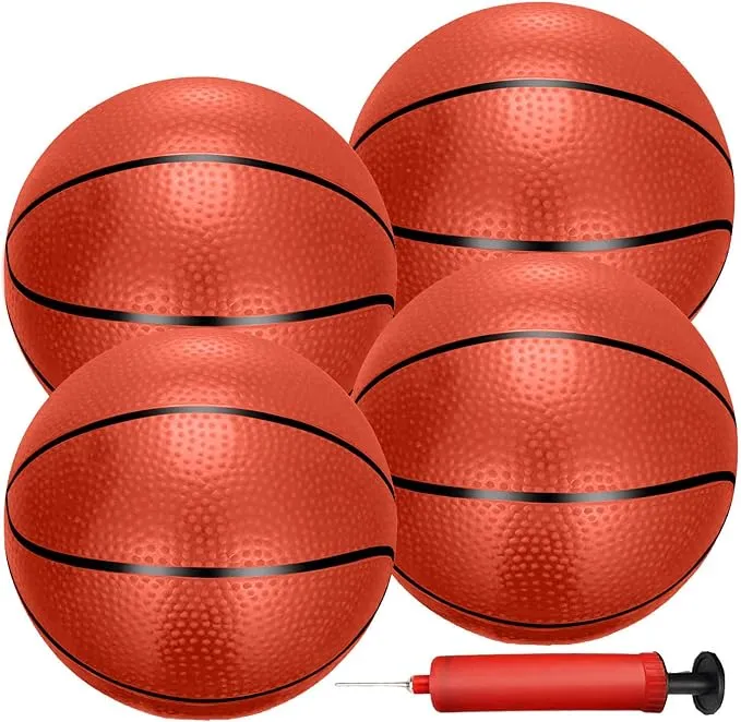 Liberty Imports 4 Pcs Inflatable Mini Basketball Toy Replacement Rubber Balls with Pump and Needle for Indoor Toy Miniature Hoop or Sports Training