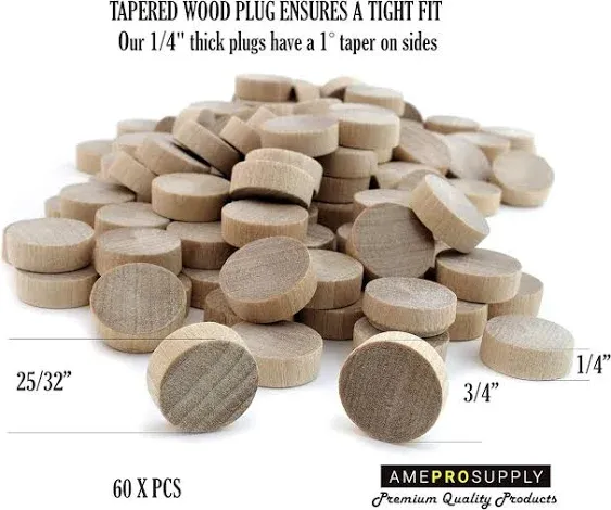 Wood Plugs 3/4 inch, Screw Hole Plugs, Flat Head Wood Plugs, Button Plugs, Screw Plug, Wooden Hole Plugs, Wood Caps, Wood Screw Covers, Wooden Screw Plugs, Buttons Wood Plug (60, 3/4 inch Birch)