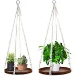 Macrame Plant Hanger - 2 Set Indoor Hanging Planter Shelf - Hanging Planter Rack Decorative Flower Pot Holder - Handmade Cotton Plant Hangers with Wood Tray Boho Home Decor