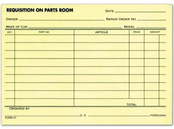 Requisition on Parts Room Form (1-Part, Canary Yellow) (Car Parts Order Form) (100 per Pad)