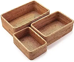 Visland Natural Rattan Storage Baskets, Rectangular Woven Fruit Baskets, Wicker Decoration and Organizer for Bathroom, Living Room, Size: 30