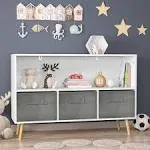 "Kids bookcase with Collapsible Fabric Drawers, Children's Book Display, Toy Storage Cabinet Organizer, White/Gray"