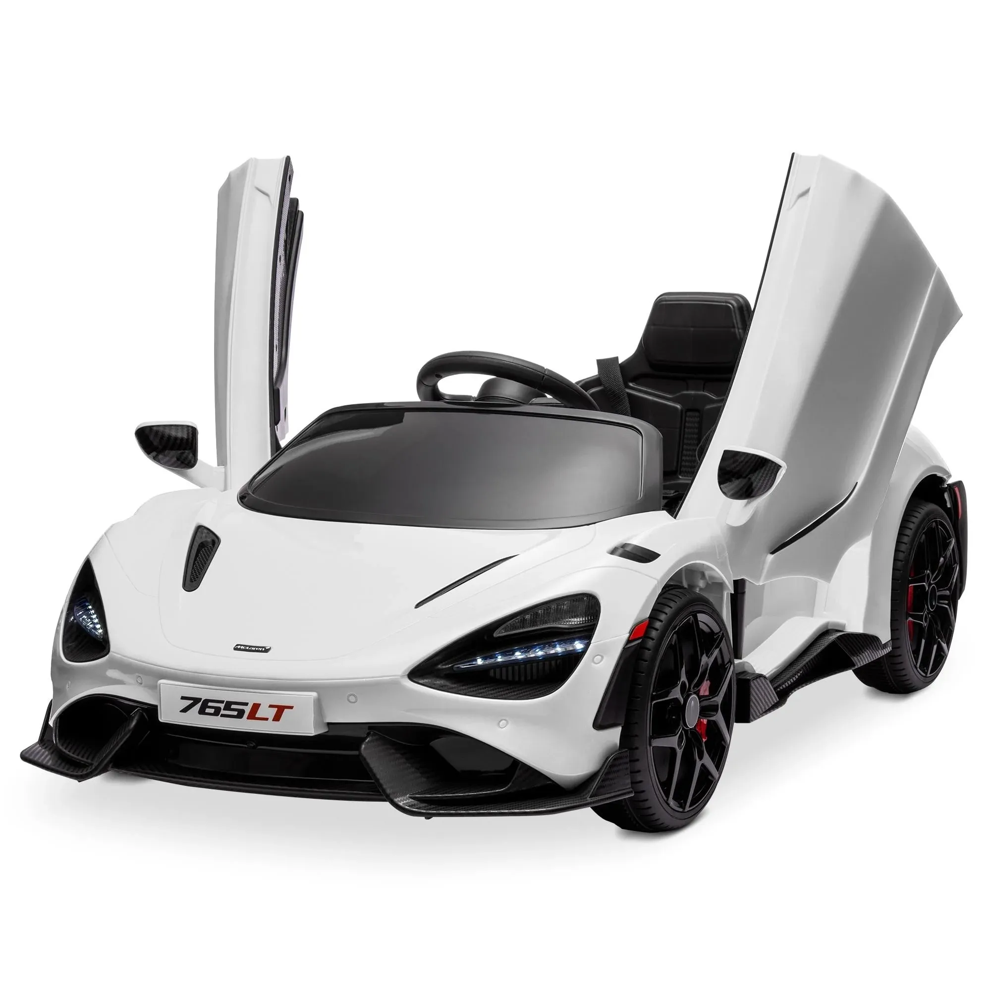 Kidzone 12V Licensed McLaren 765LT Kids Ride On Sports Car Electric Vehicle Vehicles with 2 Speeds, Parent Control, Smooth Start, Suspension, Hydraulic Doors & Hidden Training Wheels - White