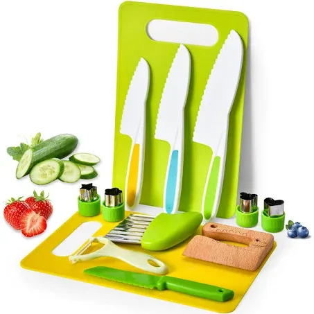 Montessori Kids Knives for Real Cooking, 13 Pieces Wooden Kids Kitchen Knife Set Include 4 Serrated Edges Plastic Toddler Knife,Crinkle Cutter Y Peeler Cutting Boards and Wood Toddler Safe Knife