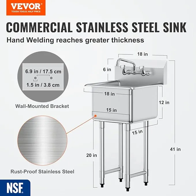 VEVOR Stainless Steel Sink, 1 Compartment Free Standing Small Sink Include Faucet & legs, 18"x41" Commercial Single Bowl Sinks for Garage, Restaurant, Kitchen, Laundry, NSF Certified