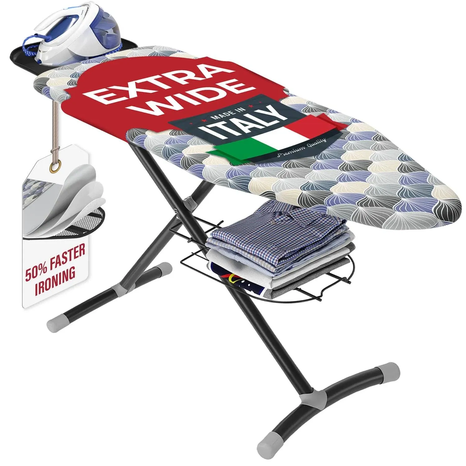 Bartnelli Pro Ironing Board | Italian Crafted, Extra-Wide Full Size Iron Board, Adjustable Height, Reflective Heat Technology for 50% Faster Ironing, Sturdy Arch-T Legs, Sturdy Steam Station Iron Rest