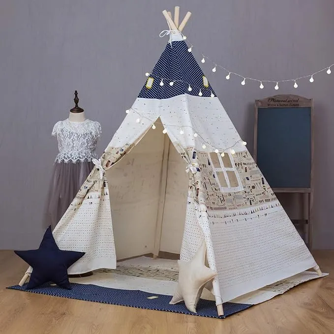 Teepee Tent for Kids, xiaowantong Kids Teepee Tent with Padded Mat, Lights, Carry Bag, Natural Cotton Canvas Washable Toddler Play Tent Indoor, Quality Teepee Tent for Girls and Boys