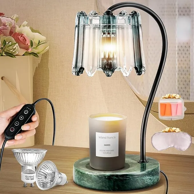 Artcorner Candle Warmer Lamp with Timer & Dimmer, Electric Candle Warmer with 2 Bulbs, Ideal for Jar Candles, Marble Base and Glass Iampshade Retro