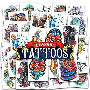 Set of 50 Classic American Traditional Temporary Tattoos for Girls Women, Made in USA