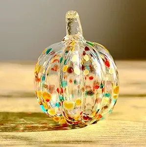 Hophen Art Glass Blown Pumpkin Figurine Colorful Spots Thanksgiving Day Hollow Pumpkin Statue Home Decoration (Rainbow Spots)