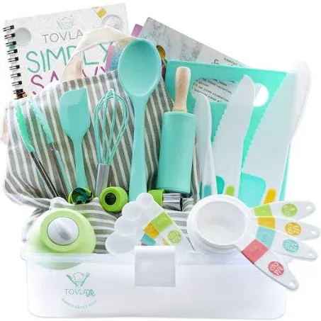 Tovla Jr. Kids Real Cooking and Baking Gift Set with Cookbook and Storage Case- Montessori Complete Cooking Supplies for the Junior Chef - Set for Girls & Boys - Utensils and Kid Safe Knives.