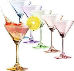 Colored Coupe Glasses - Martini , Cocktail & Champagne Glasses 7oz | Set of 6 | Cute & Colorful Pastel Colored Crystal Cocktail Glassware , Fun Classic Goblet Cocktails Glass, Stemmed Ripple Glassware