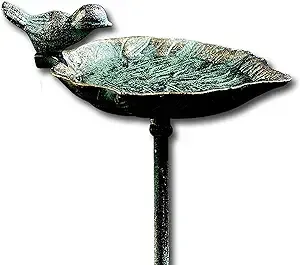 Country-Style, Leaf with Bird, Garden Stake Bird Bath, Cast Iron, Rustic Green ...