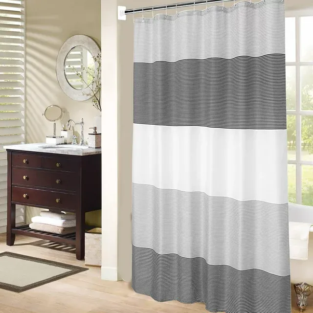 Stall Shower Curtain Tan for Bathroom, Gold Beige Gray White Neutral Stripes Cloth Fabric Set with 6 Hooks, 36" W72" H inch