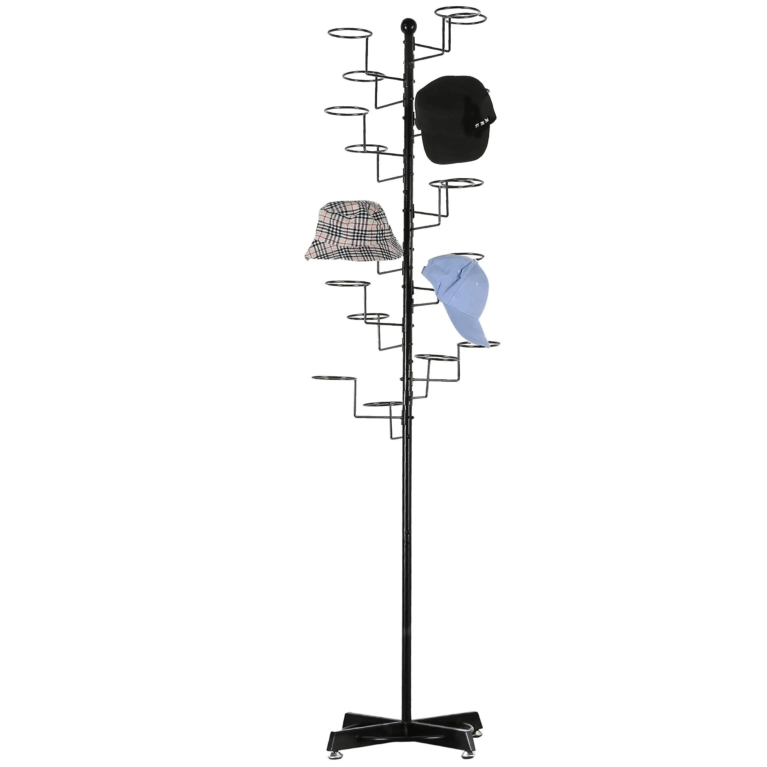 MyGift Modern Large Commercial Freestanding Hat Rack Display for Retail Store, Black Metal Wig Storage or Hat Stand for Multiple Hats and Baseball Caps with 20 Customizable Circular Hooks