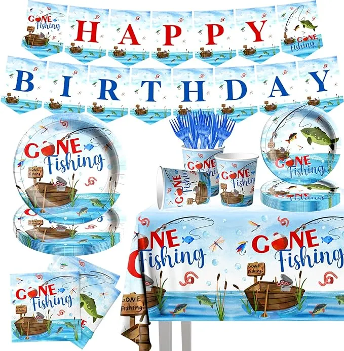 142 Pcs Gone Fishing Tableware,Fishing Birthday Party Decoration Little Fisherman Gone Fishing Themed Disposable Tablecloth,Plates,Napkins Cups Forks and Knives Supplies of Fishing Birthday Party