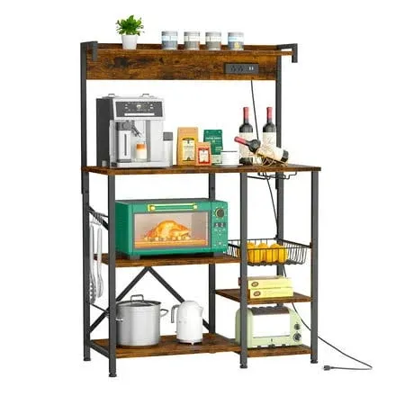 Walsunny Bakers Rack for Kitchen with Power Outlet, Coffee Cart and Microwave Stand with Shelves Vintage Brown