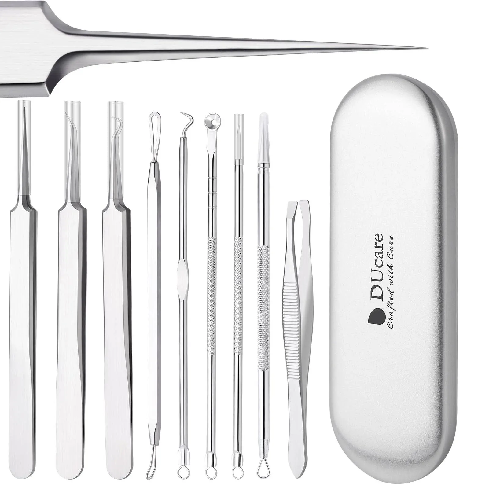 DUcare Pimple Popper Tool Kit 9 Pcs Blackhead Remover Tools Pimple Extractor Acne Tools with Metal Case for Pimples Blackheads Forehead Zit Removing