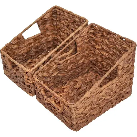 GRANNY SAYS Wicker Storage Baskets for Shelves, Trapezoid Woven Basket with Handles, Waterproof Storage Wicker Baskets for Organizing Pantry Cabinet, Caramel Orange, 2-Pack