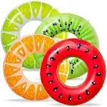 90shine 7PCS Fruit Pool Floats: Watermelon Kiwi Orange Lemon Swimming Rings with 13.5" Beach Balls - Inflatable Tubes Floaties Toys for Kids Adults