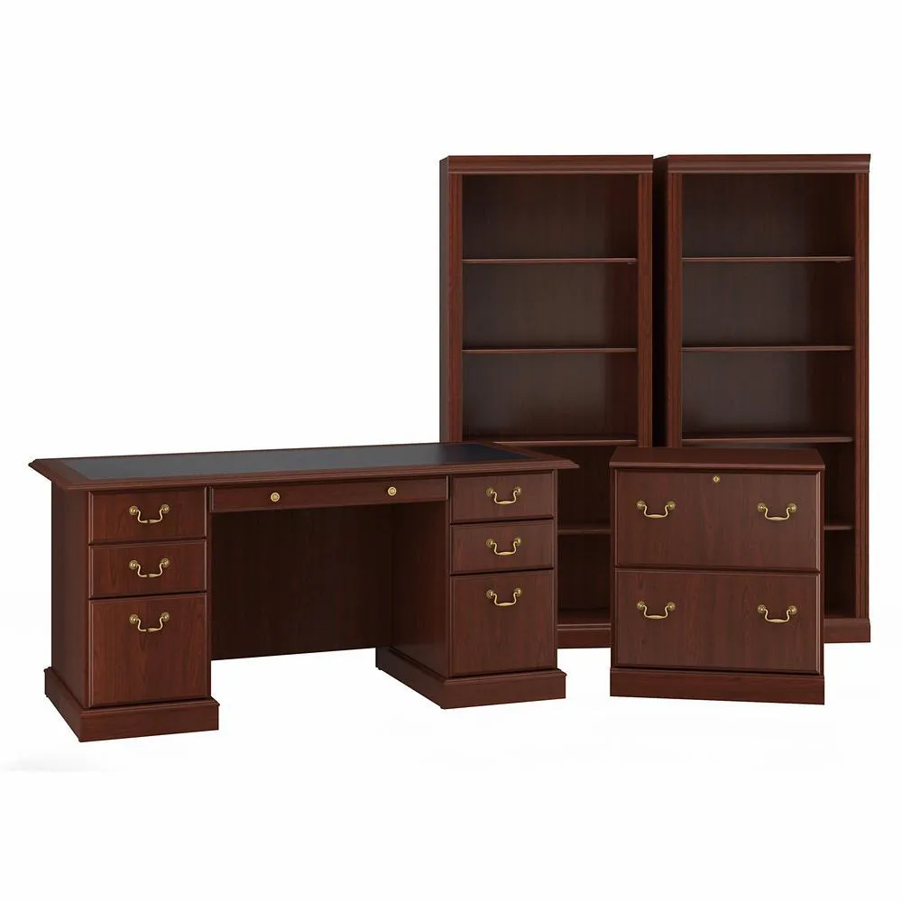 Bush Furniture Saratoga Executive Desk with File Cabinet and Bookcase Set, Harvest Cherry