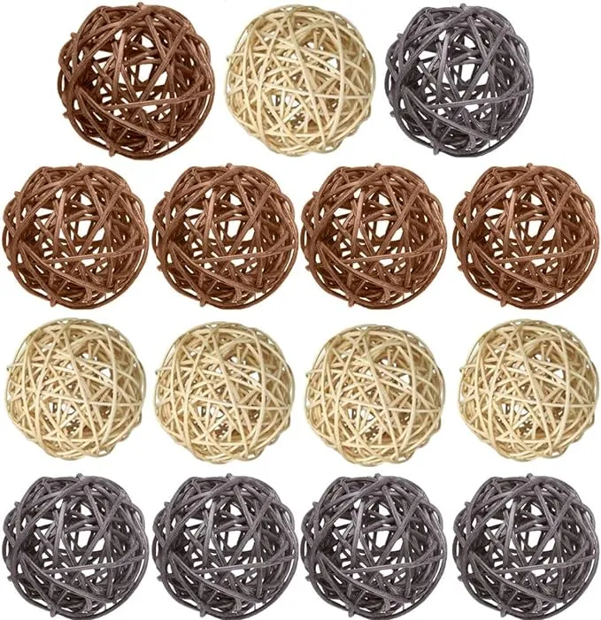 15 Pcs Wicker Rattan Balls Table Wedding Party Christmas Decoration Decorative Balls for Bowls, Vase Filler, Coffee Table Decor, Wedding Party Decoration Garden Hanging Decoration (Natural Brown Gray)