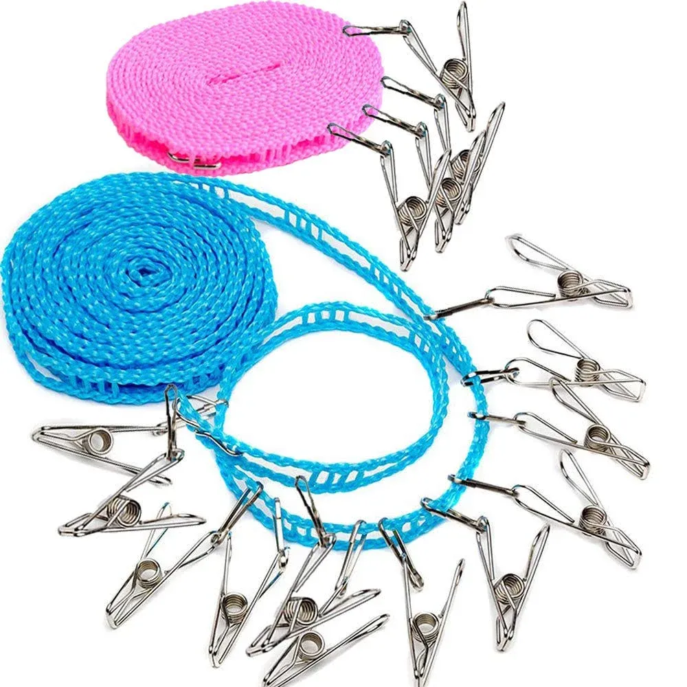 Clotheslines 2 Pack Camping Clothesline with 16 pcs Metal Clips Drying Rope Portable Windproof Travel for Hotels Clothes Drying line Clothing Rack Outdoor Clothesline Laundry Clothes Line