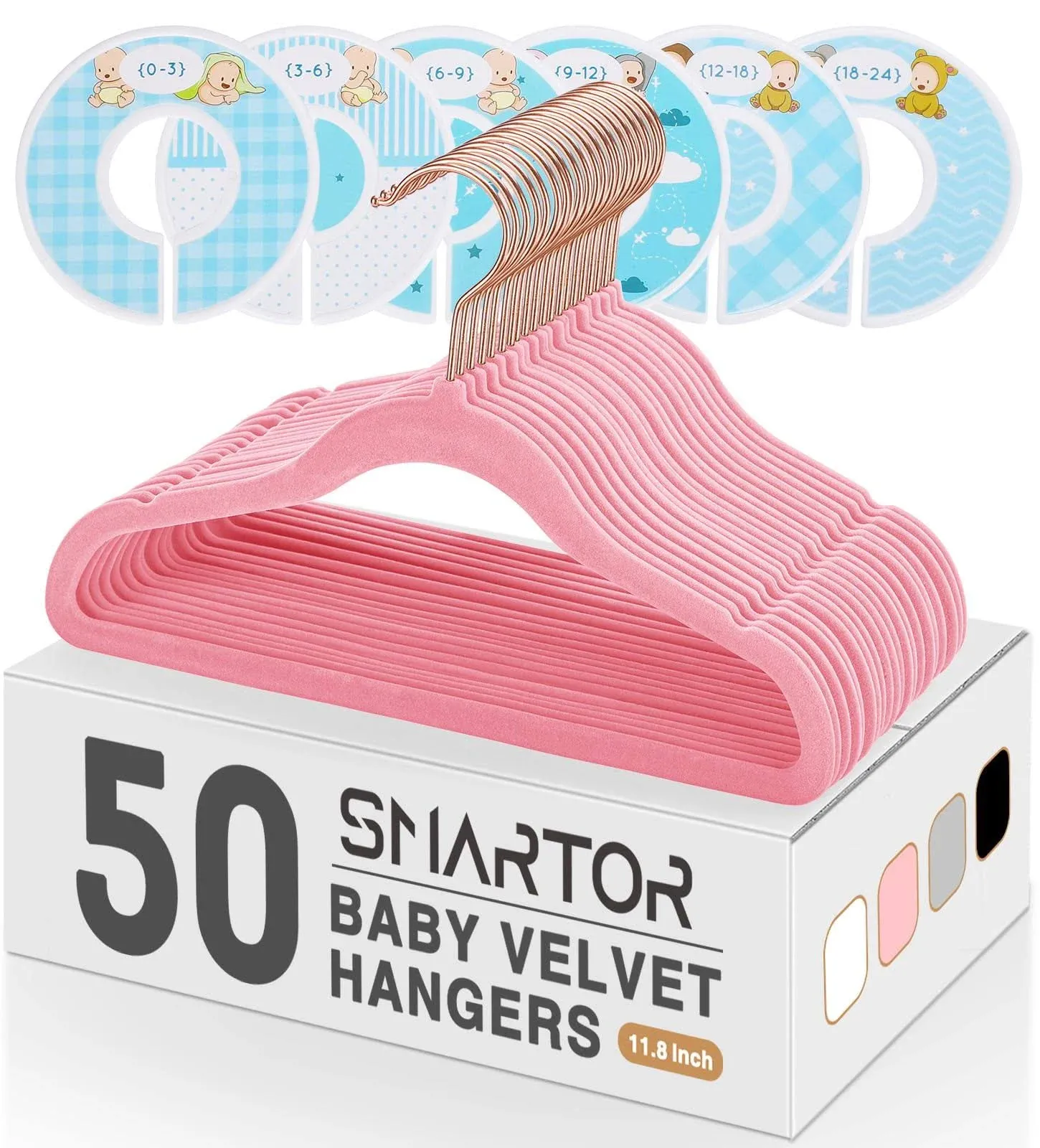 Smartor Premium Baby Hangers Velvet for Closet 50 Pack, 11.8" Durable Kids Felt Hangers Non Slip for Toddler, Baby Clothes Hangers for Childrens on Closet Storage (Rose Gold Hook)- White