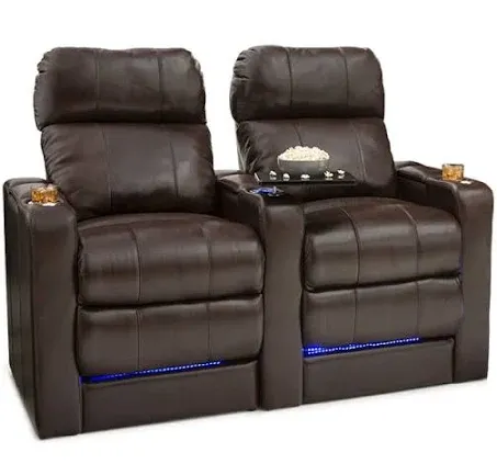 Seatcraft Monterey Leather Home Theater Seating Power Recline With Adjustable Powered Headrests, In-Arm Storage, And Sub Charging, Row Of 2, Grey