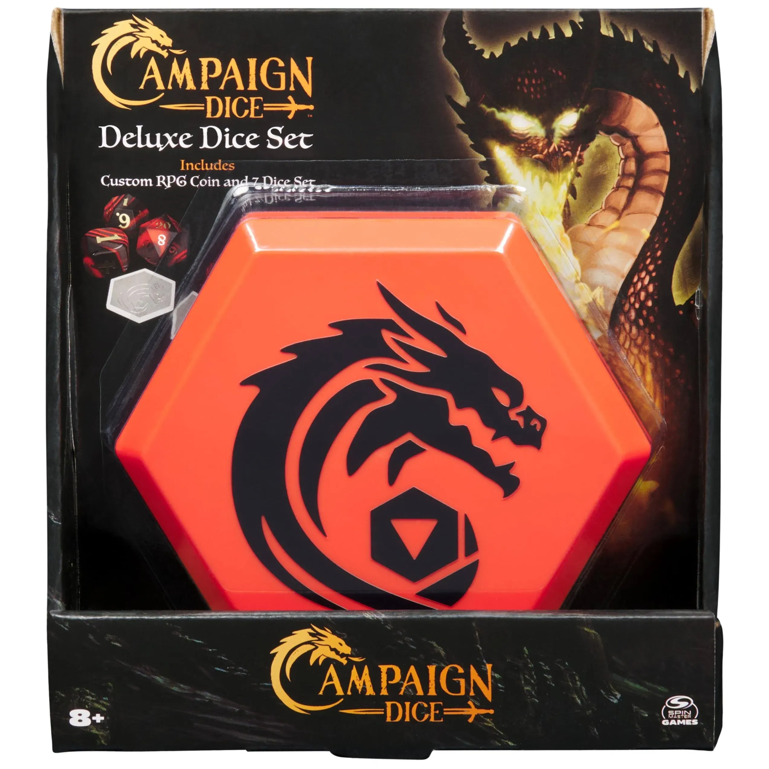 Dungeons &amp; Dragons Campaign Dice Deluxe Dice Set Pack 7 Premium Polyhedral Dice, Custom Metal RPG Coin, Storage Pouch &amp; Dice Tray