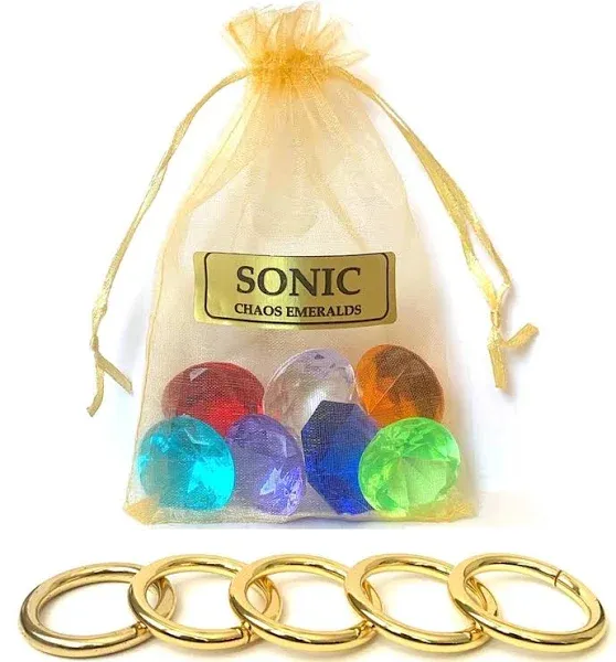 Sonic - 7 Chaos Emeralds Gems & 5 Gold Power Rings - In a Gift Bag