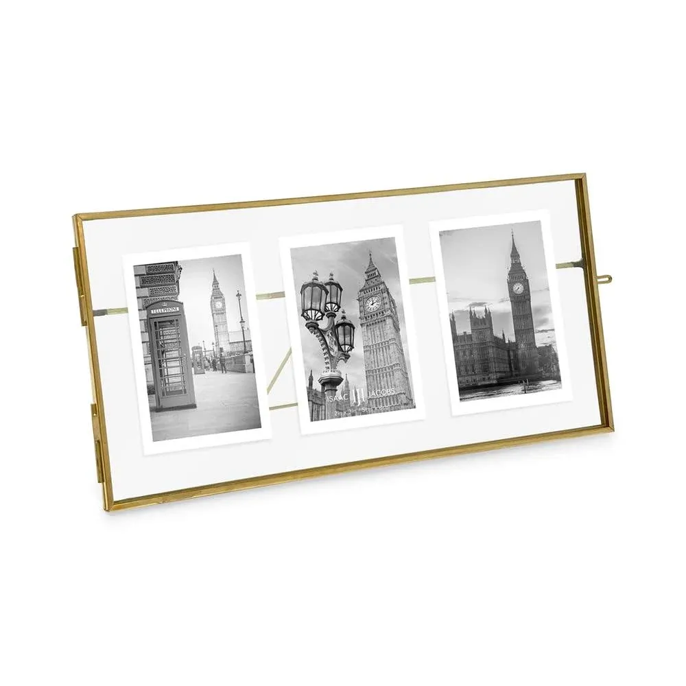 Isaac Jacobs 3-Photo Vintage Style Glass and Metal Floating Picture Frame (Horizontal) w/Locket Closure; (Fits 3 2x3 photos) for Photos, Art, & More, Tabletop Display (Three-2x3, Antique Gold)