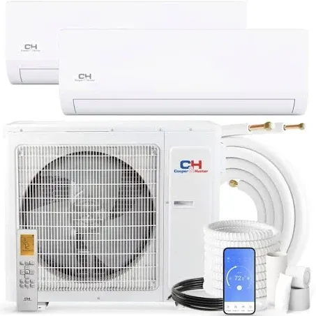 Cooper & Hunter Dual Zone 9,000 + 12,000 BTU Ductless Mini Split AC/Heating System, Pre-Charged, Heat Pump, 21.3 SEER Including 25FT Copper Line Set And Communication Wires