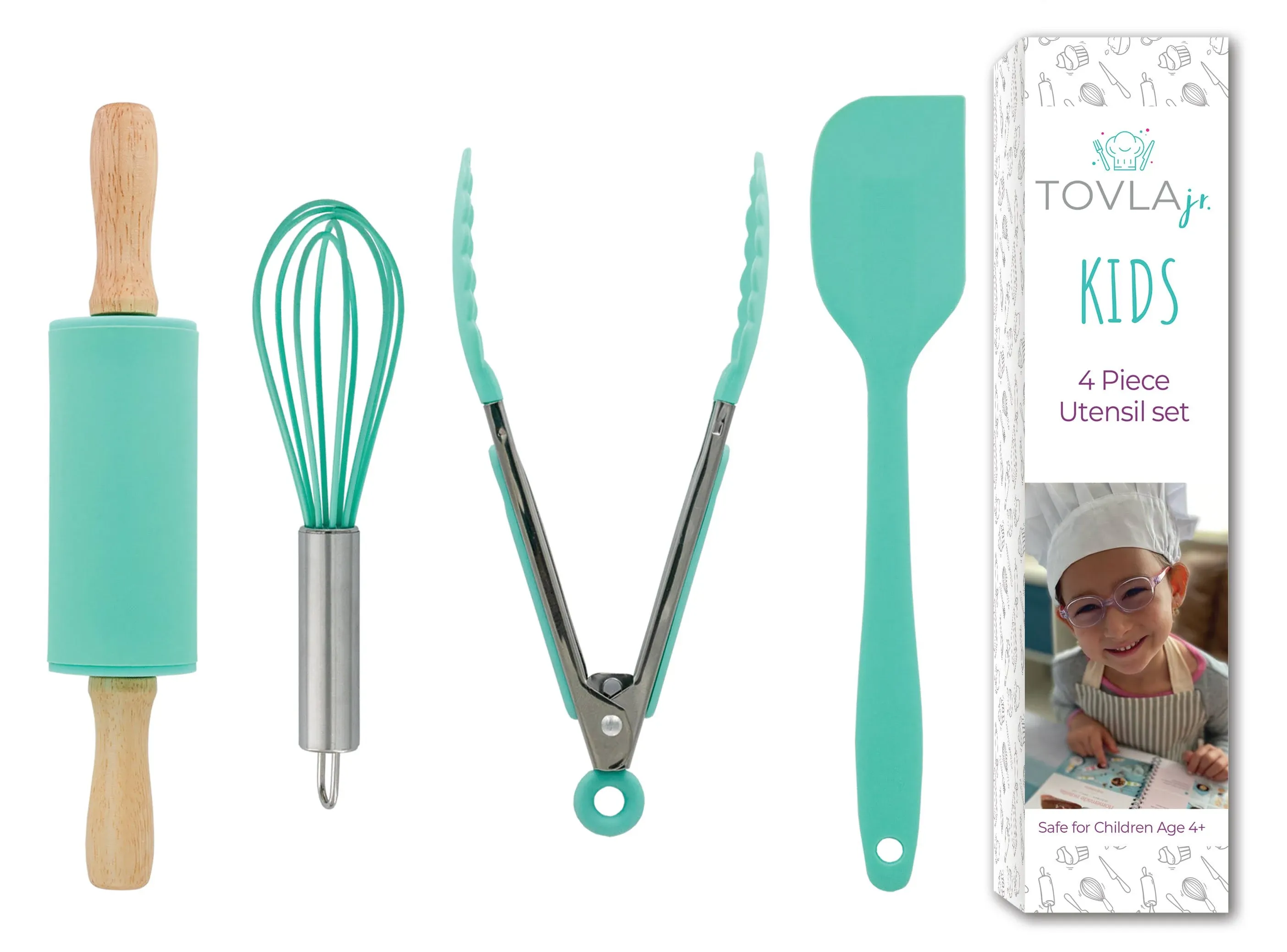 Tovla Jr. Kids Cooking Utensils Set - 4-Piece Kids Kitchen Tools - Safe Kids Baking Set - Food Grade Toddler Chef Supplies - Gender Neutral Silicone Cookware Kit with Spatula Whisk Tongs Rolling Pin