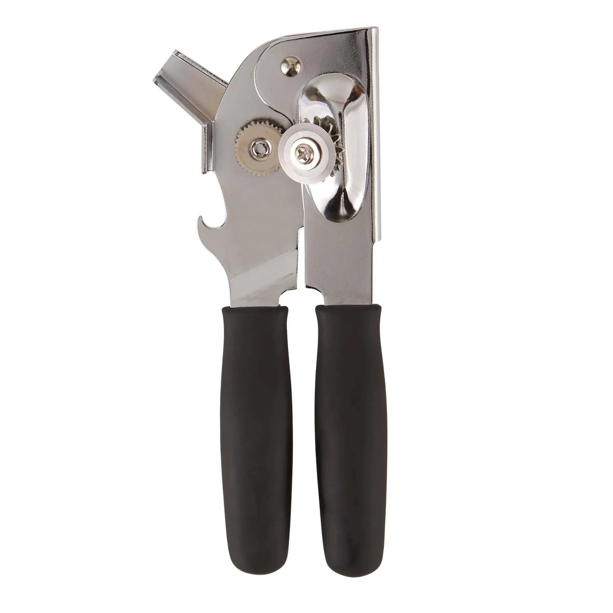 RSVP International Hand Held Manual Can Opener, Removes Bottle Caps; Sharp, Gear-Driven Blade for Smooth, Easy Crank & Comfort Grip Handles, Black Handles