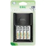 EBL 4-Pack 1100mAh AAA Rechargeable Batteries for Camera Toys + Smart Battery Charger for AA AAA 9V Ni-MH Ni-CD Batteries