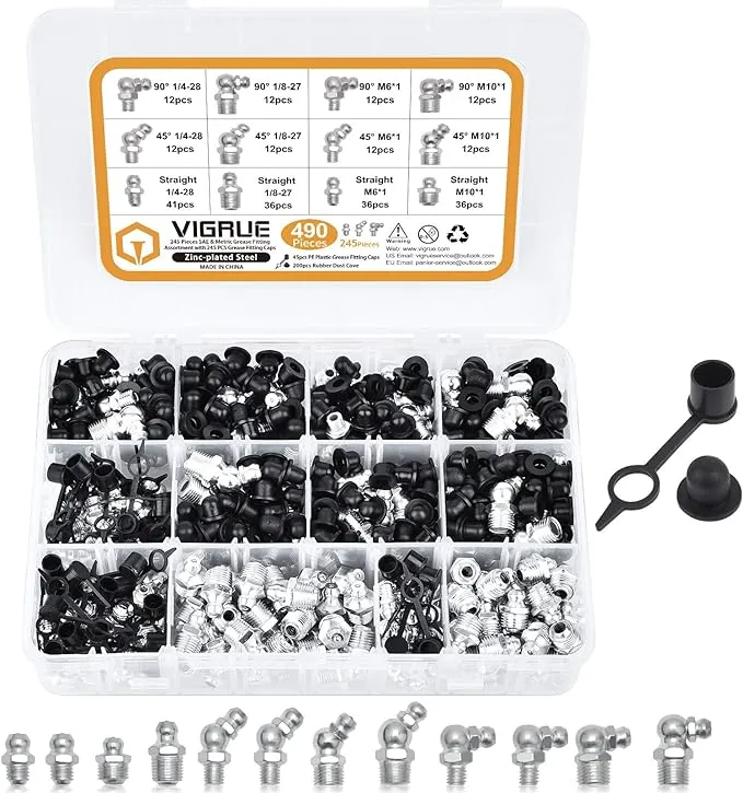 VIGRUE 490 PCS Grease Fitting Assortment Kit with 245 PCS SAE & Metric Grease Fittings and 245 PCS Caps,Standard Grease Zerks, Straight and Angled Perfect for Replacing Missing or Broken Zerk Fitting