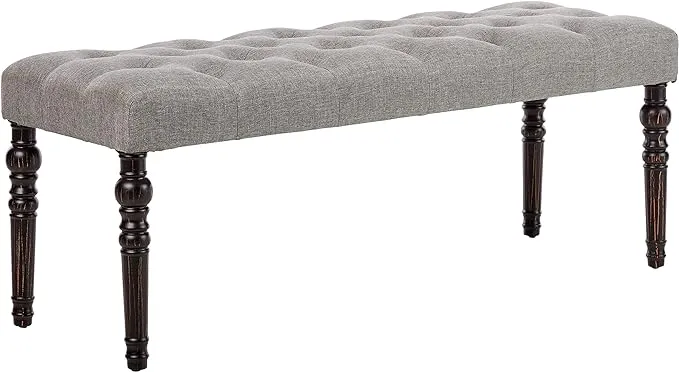 Roundhill Furniture Leviton Fabric Tufted Turned Leg Dining Bench Gray