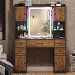 Tiptiper Large Makeup Vanity Desk with Lights & Charging Station,Vanity Table with Mirror,Time Display,Makeup Table with Drawers, Rustic Brown & Black