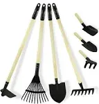 POMIKU Kids Garden Tools Set, Shovel, Rake for Leaves, Spade, Hoe, 7 Pieces Yard Tools for Toddlers Gifts, Steel Heads