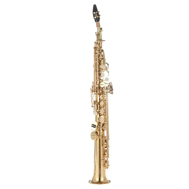 Brass Straight Soprano Sax Saxophone, Bb B Flat Woodwind Instrument Shell Key Carve Pattern with Carrying Case Gloves Cleaning Cloth Straps Cleaning Rod