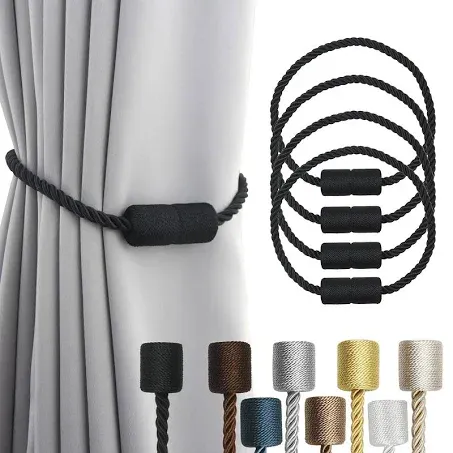 4 Pack Strong Magnetic Curtain Tiebacks Outdoor Elegant Decorative Tie Backs Modern Rope Tiebacks for Drapes Window Curtain Holdbacks for Draperies- Black