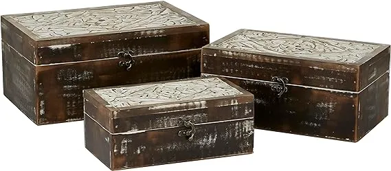 Deco 79 Wood Floral Handmade Decorative Box Decorative Keepsake Boxes with Hinged Lid, Set of 3 Storage Boxes 12", 11", 9"W, Brown