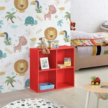 Kings Brand Furniture - 4 Cube Storage Organizer Book Shelf, Toy Storage Organizer for Playroom, Bedroom, Nursery School, Red